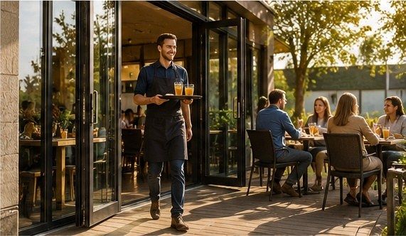 Lachende ober loopt met een dienblad door de geopende harmonicadeuren naar het zonnige terras