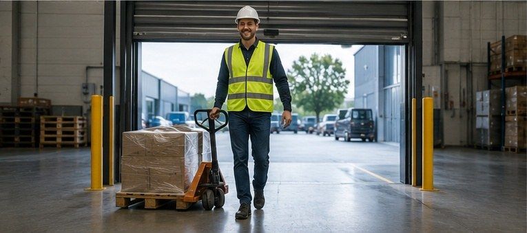 Lachende magazijnmedewerker rijdt met een pompwagen door een brede automatische bedrijfsdeur