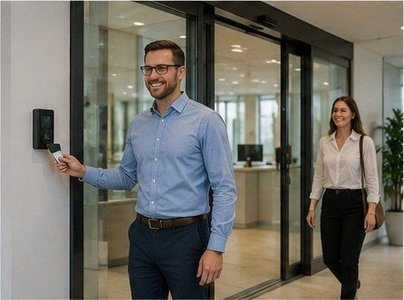 Lachende medewerker houdt een pas voor de toegangslezer bij de automatische glazen entree van een kantoor