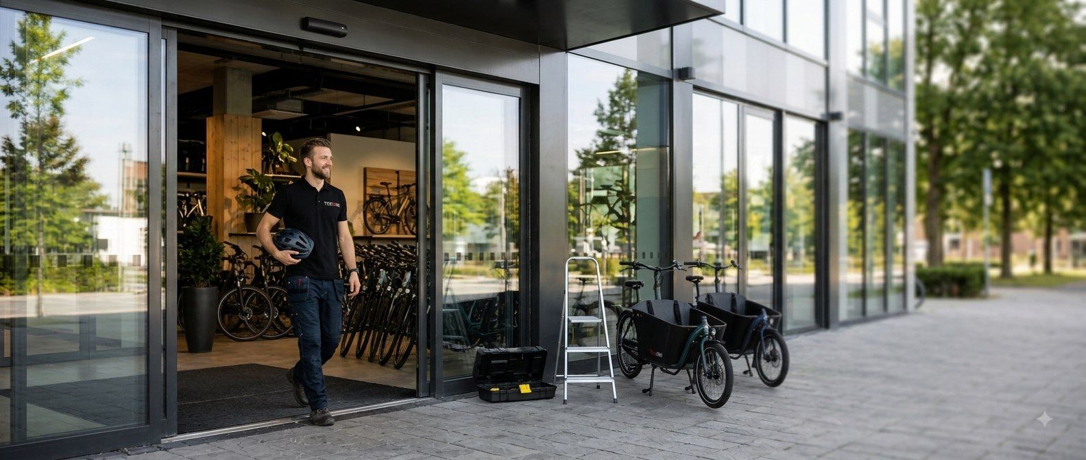 Klant verlaat een fietsenwinkel door de automatische schuifdeur die ToDoors plaatste, met bakfietsen voor de deur