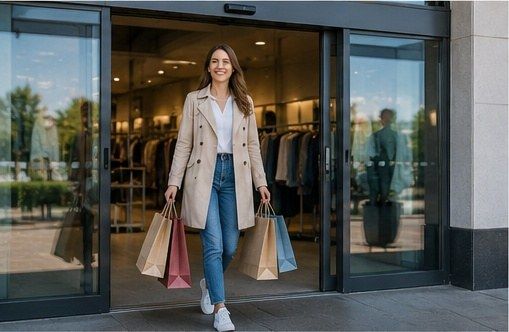 Lachende klant loopt met boodschappen door de automatische schuifdeur van een winkel naar buiten
